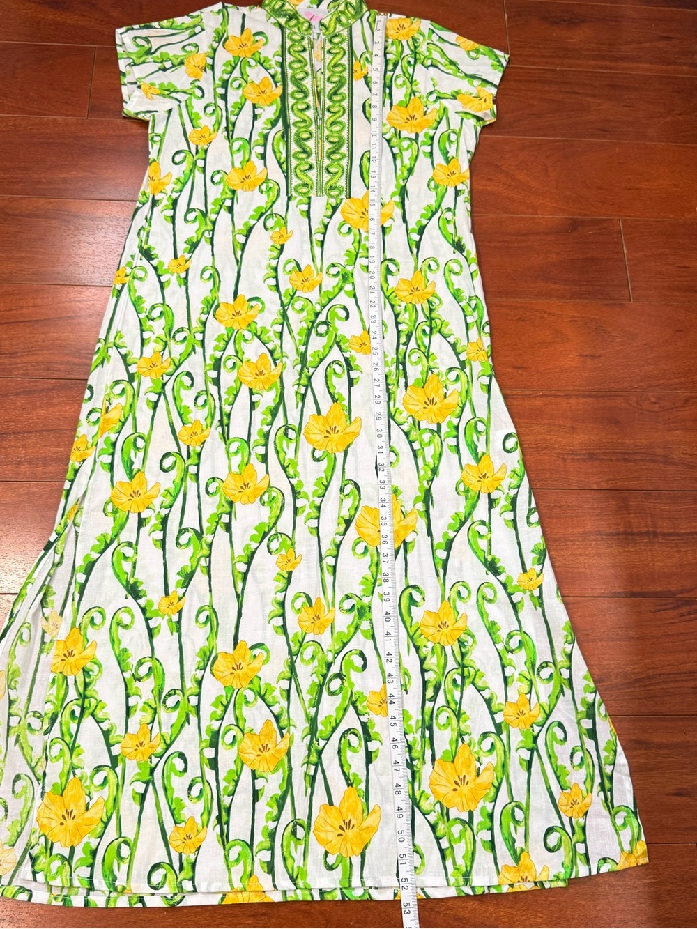 Floral Stand-Collar Maxi Dress in White, Yellow & Green - Picture 13 of 15